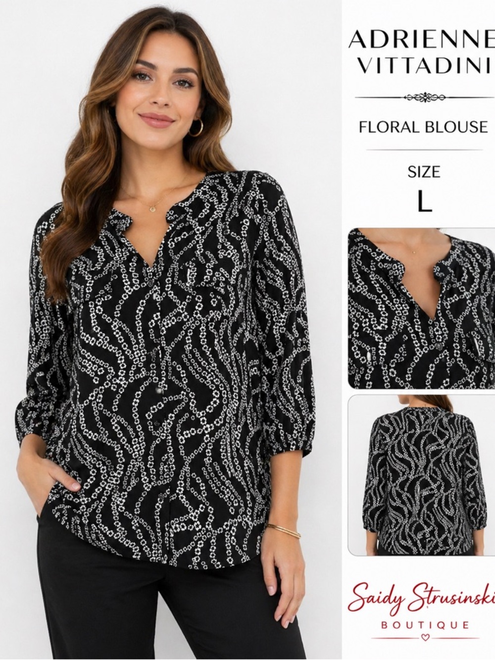 Adrienne Vittadini Black & White Floral Blouse Size L Flowy Lightweight Top